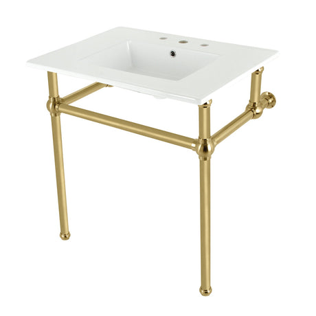 Fauceture KVBH31227W8B7 31-Inch Console Sink with Brass Legs (8-Inch, 3 Hole), White/Brushed Brass