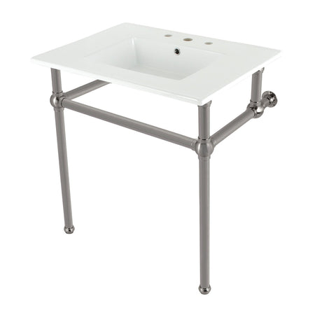 Fauceture KVBH31227W8B8 31-Inch Console Sink with Brass Legs (8-Inch, 3 Hole), White/Brushed Nickel