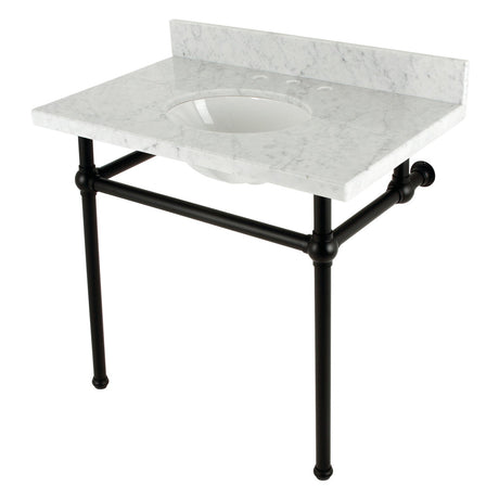 Fauceture KVBH3622M80 36-Inch Console Sink with Brass Legs (8-Inch, 3 Hole), Marble White/Matte Black