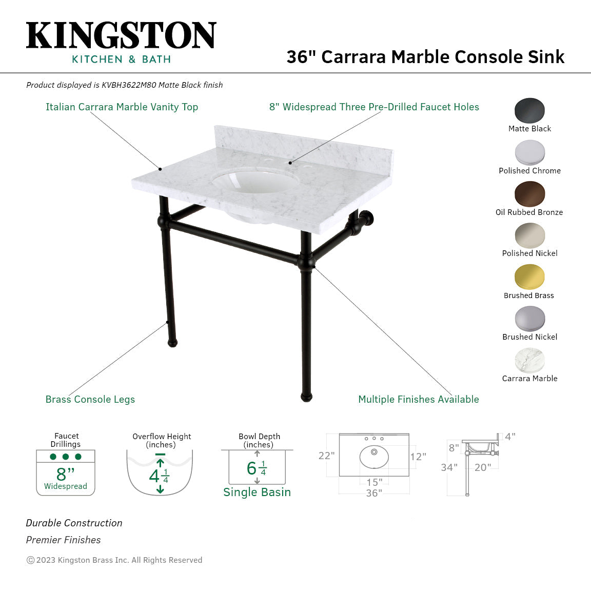 Fauceture KVBH3622M81 36-Inch Console Sink with Brass Legs (8-Inch, 3 Hole), Marble White/Polished Chrome