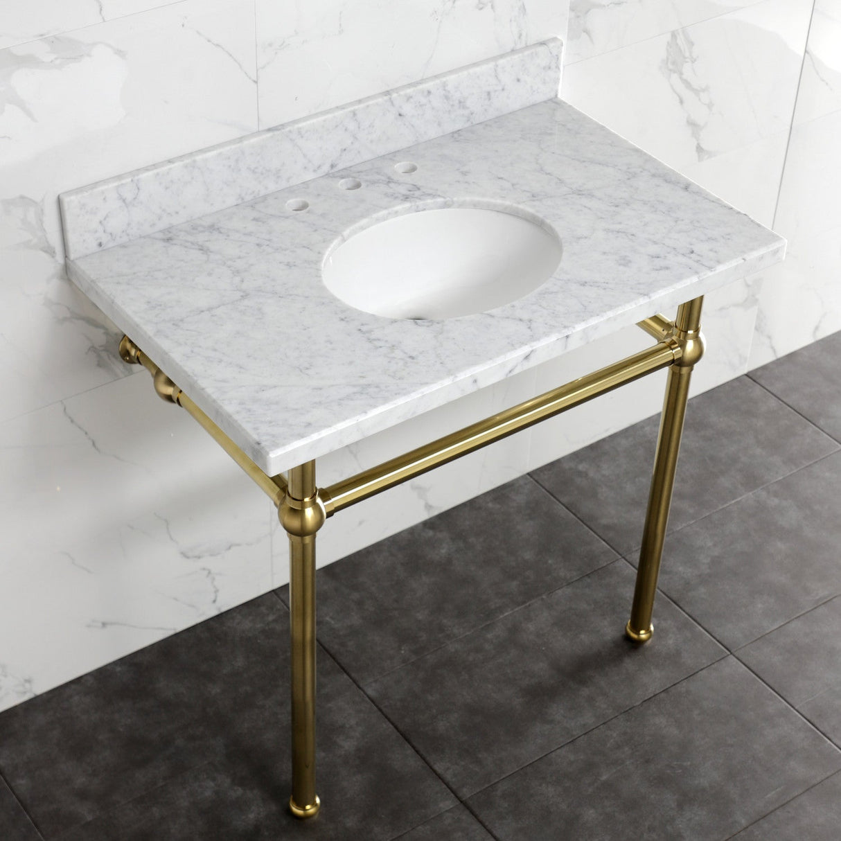 Fauceture KVBH3622M87 36-Inch Console Sink with Brass Legs (8-Inch, 3 Hole), Marble White/Brushed Brass