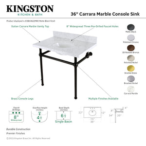 Fauceture KVBH3622M88 36-Inch Console Sink with Brass Legs (8-Inch, 3 Hole), Marble White/Brushed Nickel