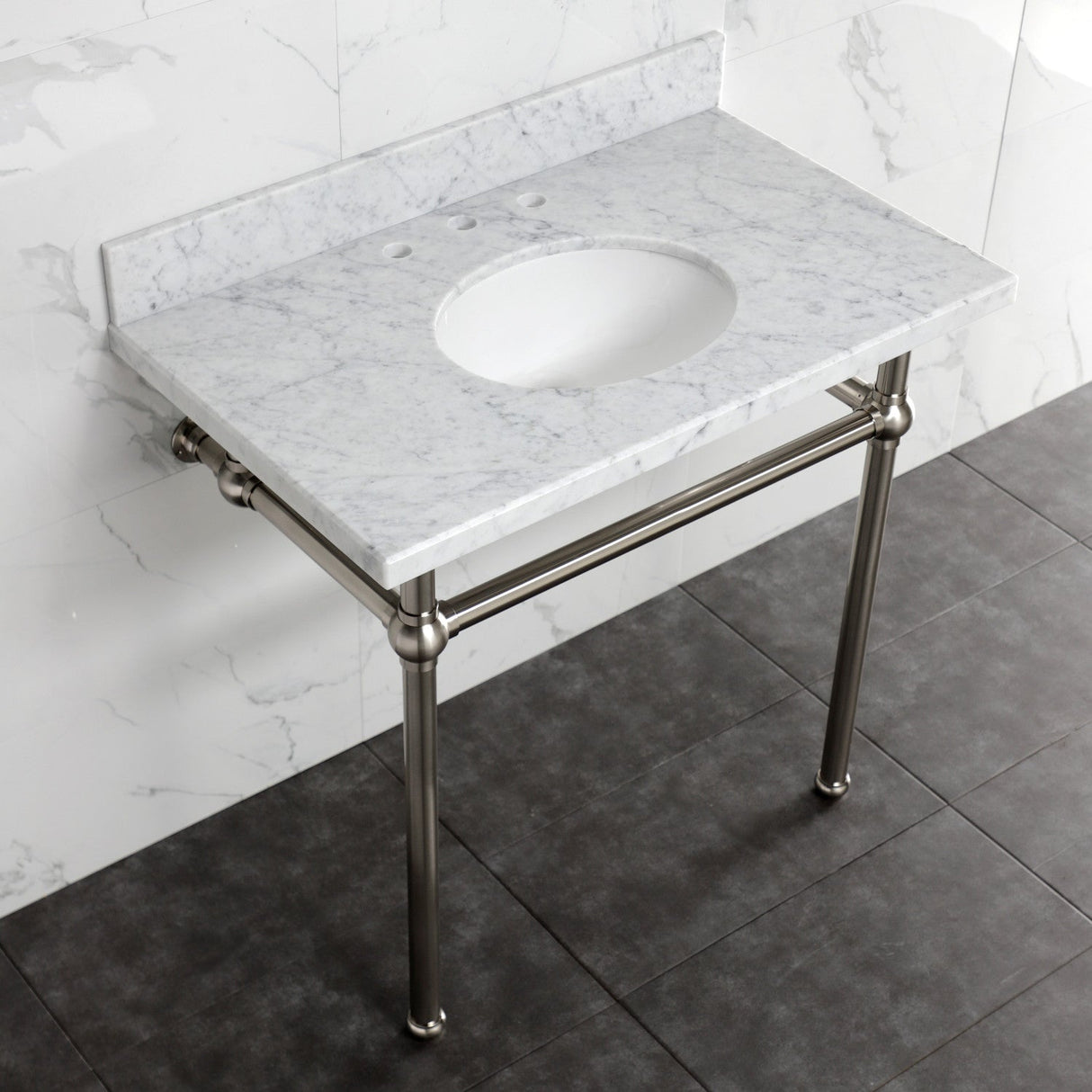 Fauceture KVBH3622M88 36-Inch Console Sink with Brass Legs (8-Inch, 3 Hole), Marble White/Brushed Nickel