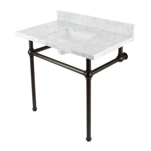 Fauceture KVBH3622M8SQ5 36-Inch Console Sink with Brass Legs (8-Inch, 3 Hole), Marble White/Oil Rubbed Bronze