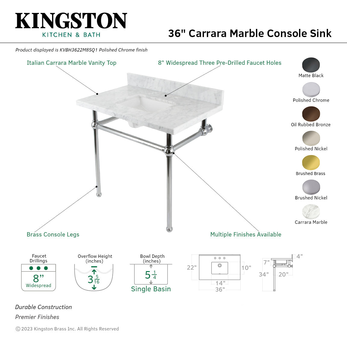 Fauceture KVBH3622M8SQ6 36-Inch Console Sink with Brass Legs (8-Inch, 3 Hole), Marble White/Polished Nickel