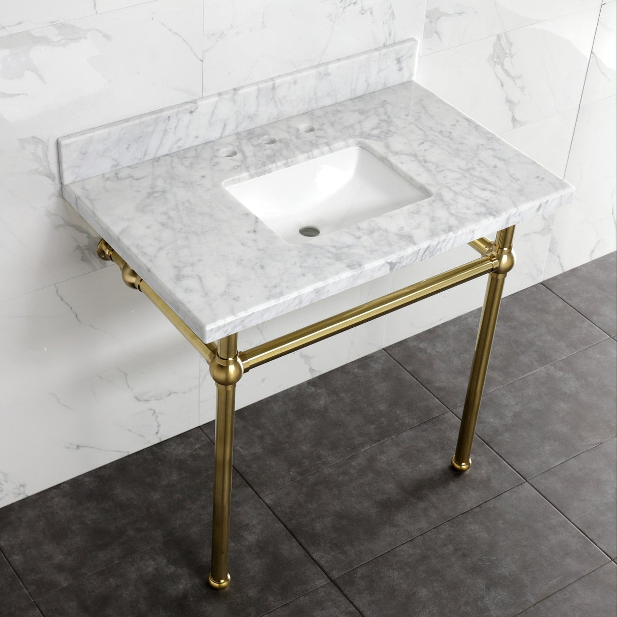 Fauceture KVBH3622M8SQ7 36-Inch Console Sink with Brass Legs (8-Inch, 3 Hole), Marble White/Brushed Brass