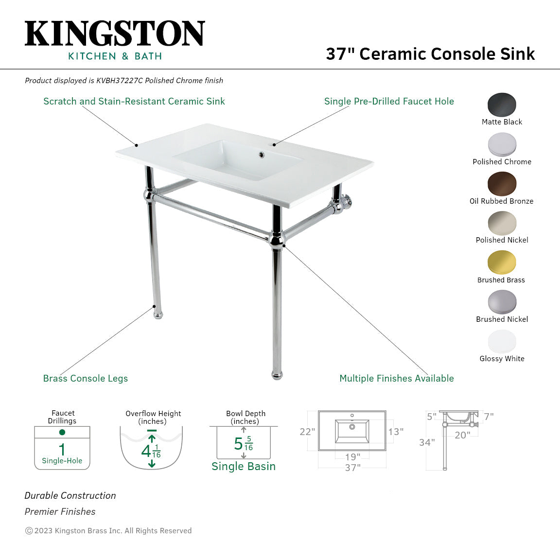 Fauceture KVBH37227BB 37-Inch Console Sink with Brass Legs (Single Faucet Hole), White/Brushed Brass