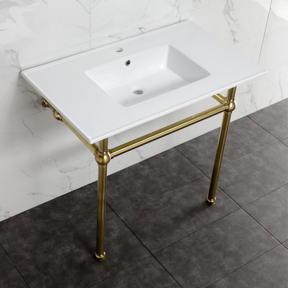 Fauceture KVBH37227BB 37-Inch Console Sink with Brass Legs (Single Faucet Hole), White/Brushed Brass