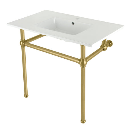 Fauceture KVBH37227BB 37-Inch Console Sink with Brass Legs (Single Faucet Hole), White/Brushed Brass