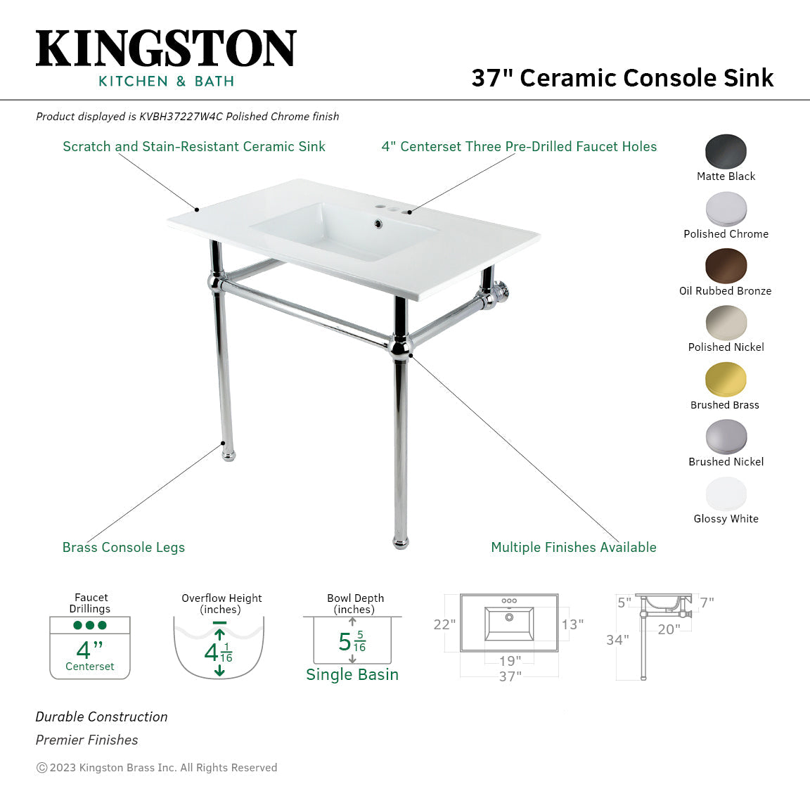 Fauceture KVBH37227W4BB 37-Inch Console Sink with Brass Legs (4-Inch, 3 Hole), White/Brushed Brass