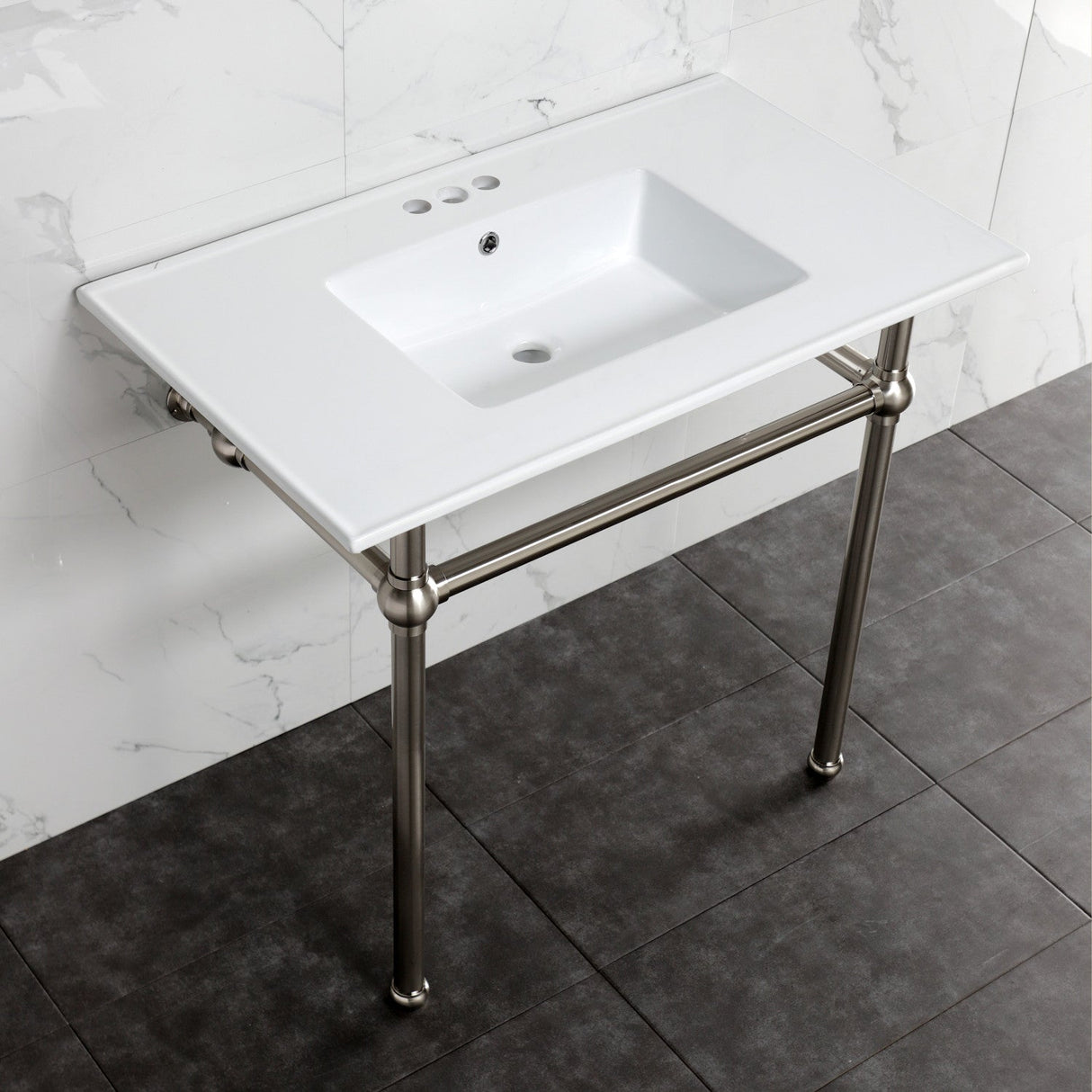 Fauceture KVBH37227W4BN 37-Inch Console Sink with Brass Legs (4-Inch, 3 Hole), White/Brushed Nickel