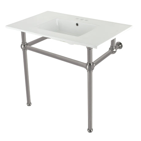 Fauceture KVBH37227W4BN 37-Inch Console Sink with Brass Legs (4-Inch, 3 Hole), White/Brushed Nickel