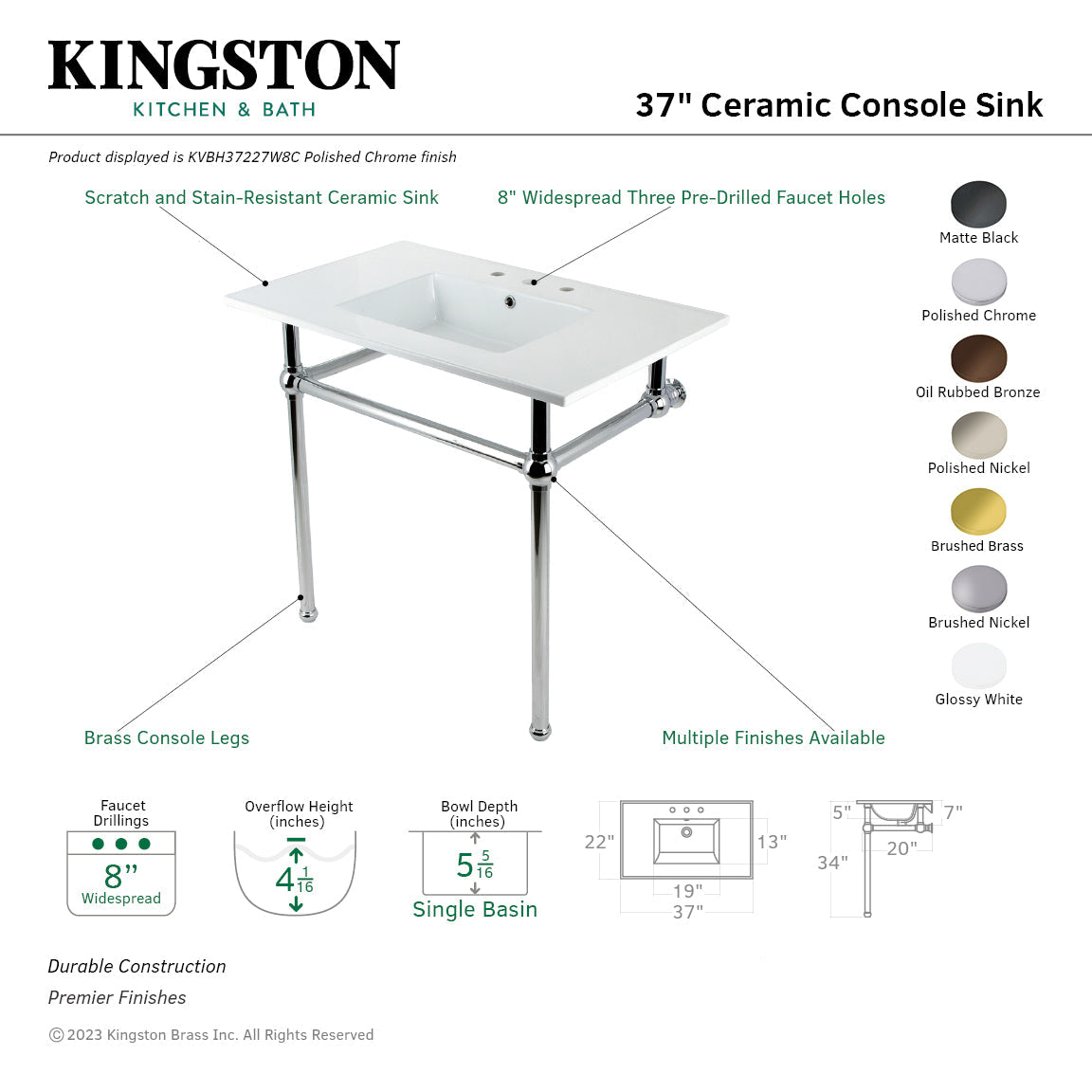 Fauceture KVBH37227W8BB 37-Inch Console Sink with Brass Legs (8-Inch, 3 Hole), White/Brushed Brass