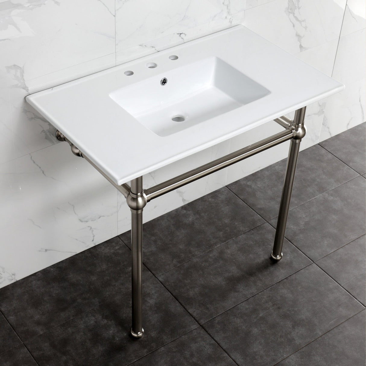 Fauceture KVBH37227W8BN 37-Inch Console Sink with Brass Legs (8-Inch, 3 Hole), White/Brushed Nickel