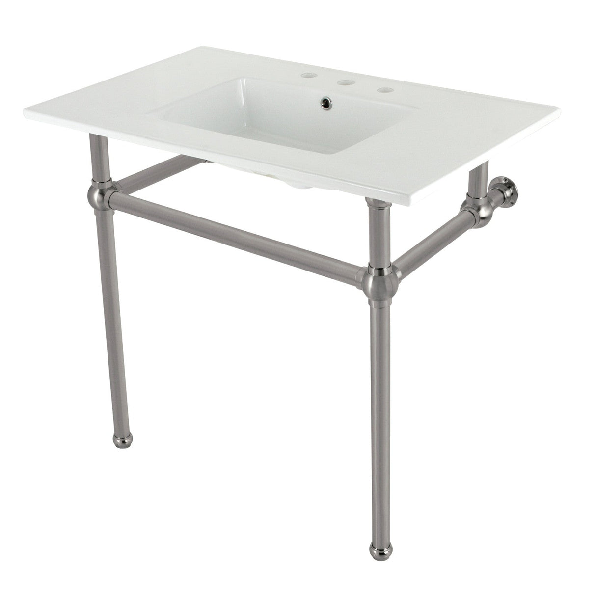 Fauceture KVBH37227W8BN 37-Inch Console Sink with Brass Legs (8-Inch, 3 Hole), White/Brushed Nickel