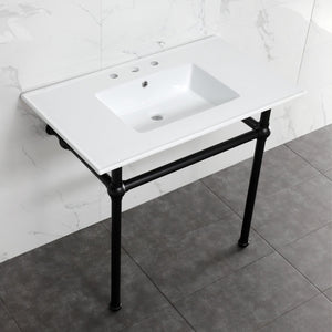 Fauceture KVBH37227W8MB 37-Inch Console Sink with Brass Legs (8-Inch, 3 Hole), White/Matte Black