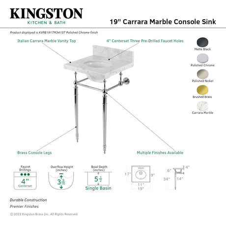 Fauceture KVPB1917M340ST 19-Inch Carrara Marble Console Sink with Brass Legs (4" Faucet Drillings), Marble White/Matte Black