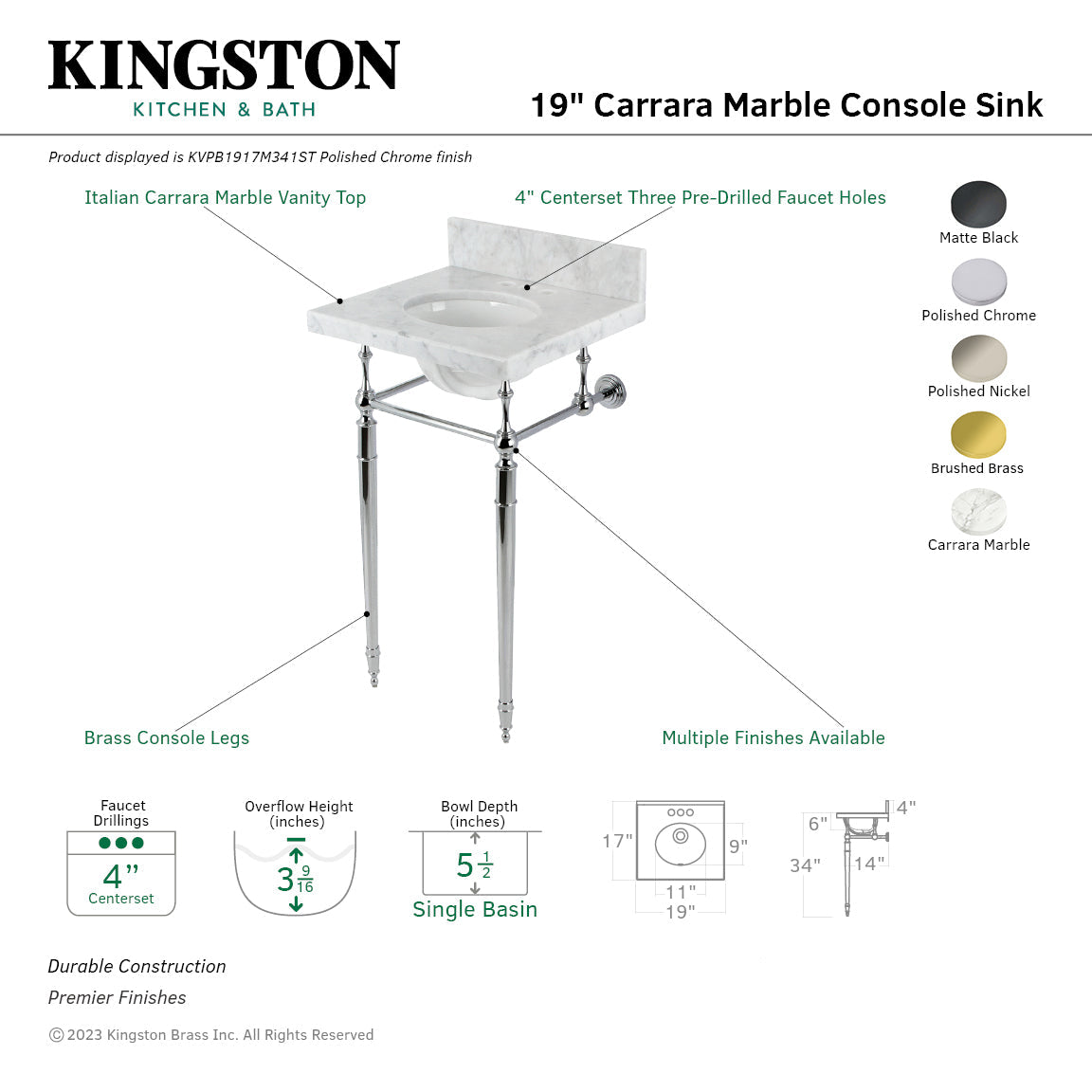 Fauceture KVPB1917M347ST 19-Inch Carrara Marble Console Sink with Brass Legs (4" Faucet Drillings), Marble White/Brushed Brass