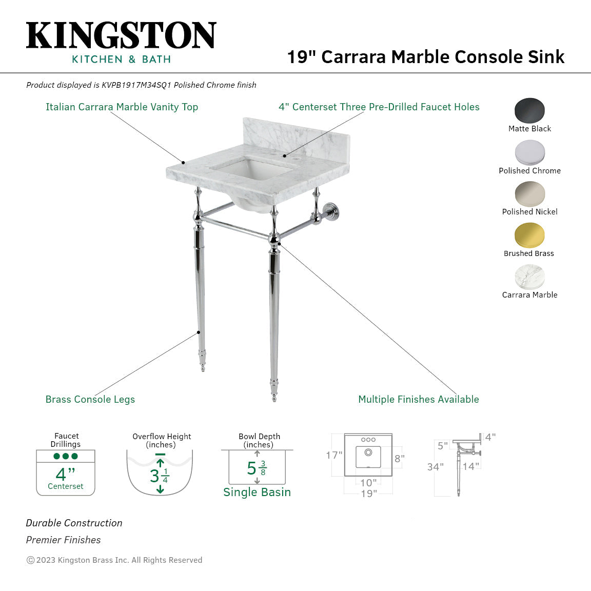 Fauceture KVPB1917M34SQ0 19-Inch Carrara Marble Console Sink with Brass Legs (4" Faucet Drillings), Marble White/Matte Black