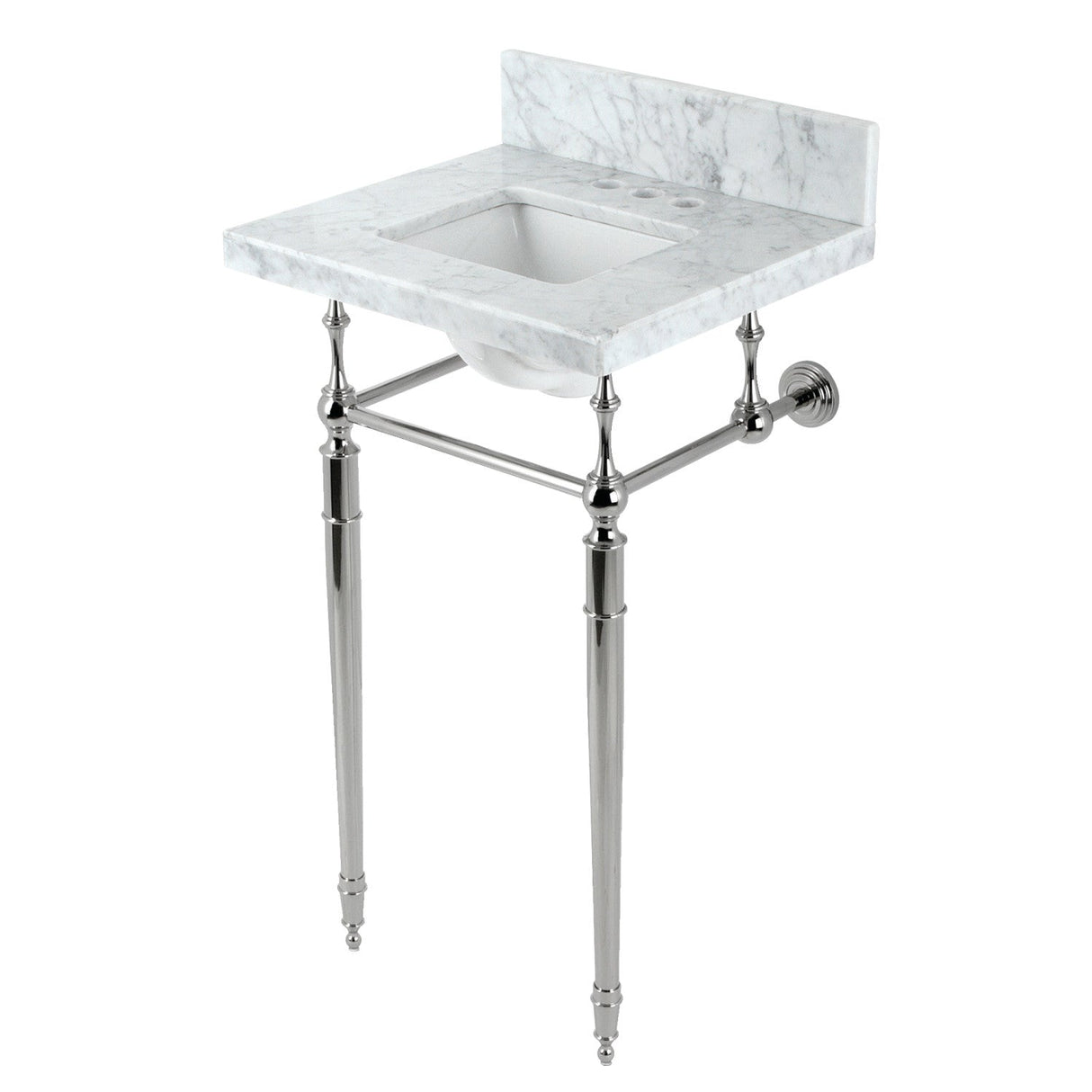 Fauceture KVPB1917M34SQ6 19-Inch Carrara Marble Console Sink with Brass Legs (4" Faucet Drillings), Marble White/Polished Nickel