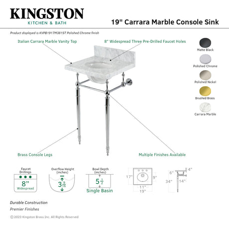 Fauceture KVPB1917M380ST 19-Inch Carrara Marble Console Sink with Brass Legs (8" Faucet Drillings), Marble White/Matte Black