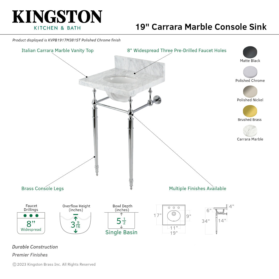 Fauceture KVPB1917M381ST 19-Inch Carrara Marble Console Sink with Brass Legs (8" Faucet Drillings), Marble White/Polished Chrome