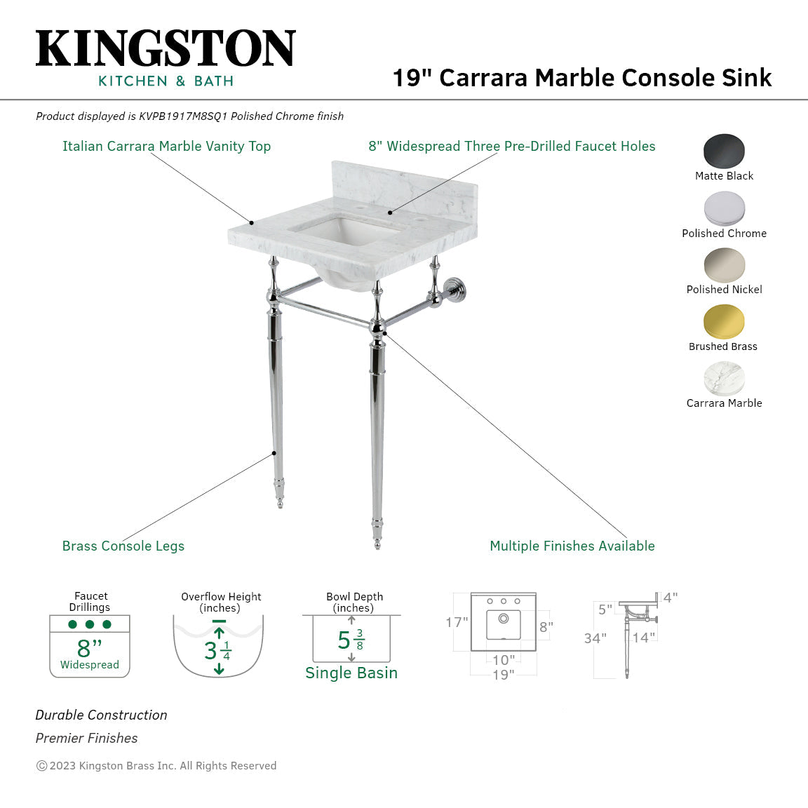 Fauceture KVPB1917M8SQ0 19-Inch Carrara Marble Console Sink with Brass Legs (8" Faucet Drillings), Marble White/Matte Black