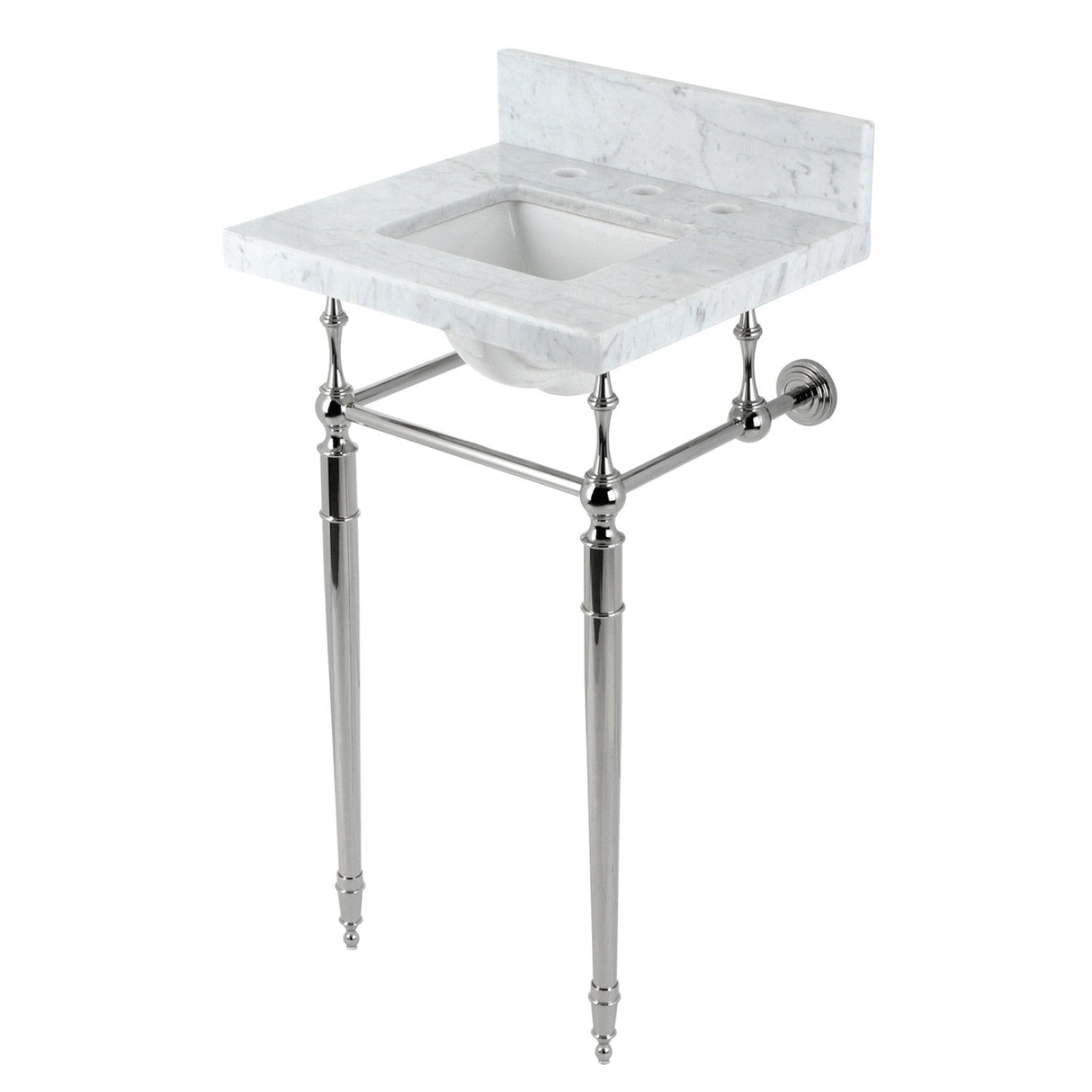 Fauceture KVPB1917M8SQ6 19-Inch Carrara Marble Console Sink with Brass Legs (8" Faucet Drillings), Marble White/Polished Nickel