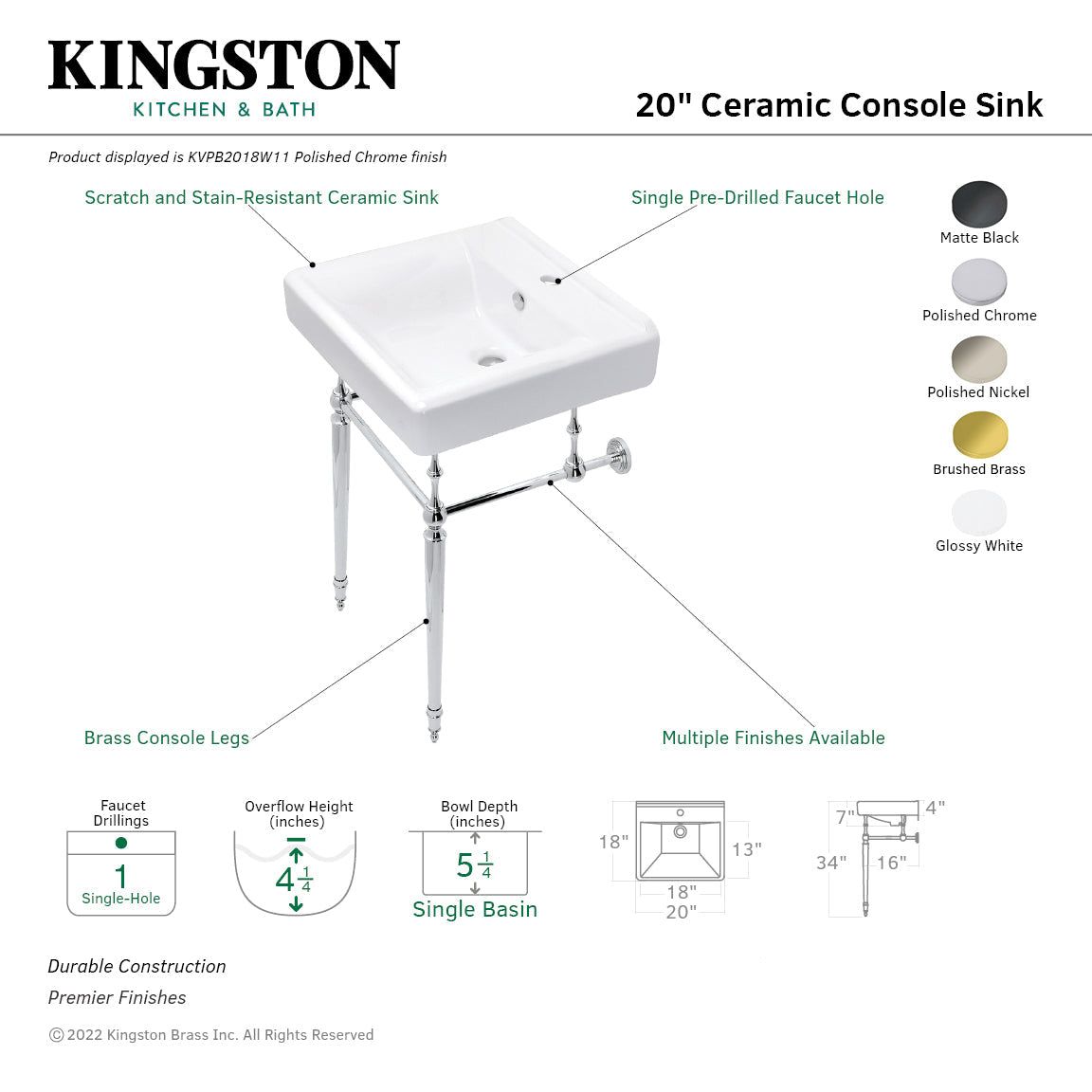 Edwardian KVPB2018W16 20-Inch Console Sink with Brass Legs, White/Polished Nickel