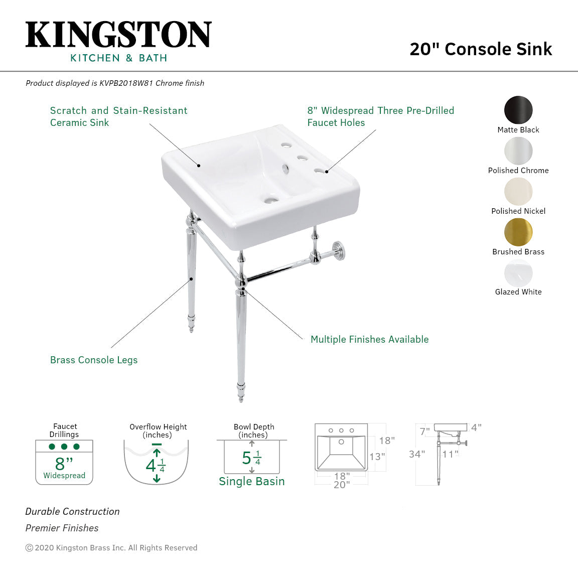 Edwardian KVPB2018W86 Console Sink, Polished Nickel
