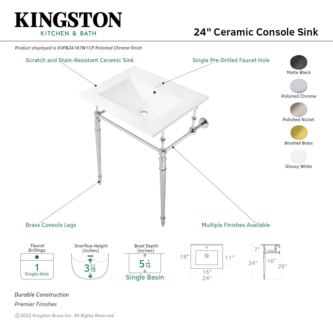 Edwardian KVPB24187W1BB 24-Inch Console Sink with Brass Legs (Single Faucet Hole), White/Brushed Brass