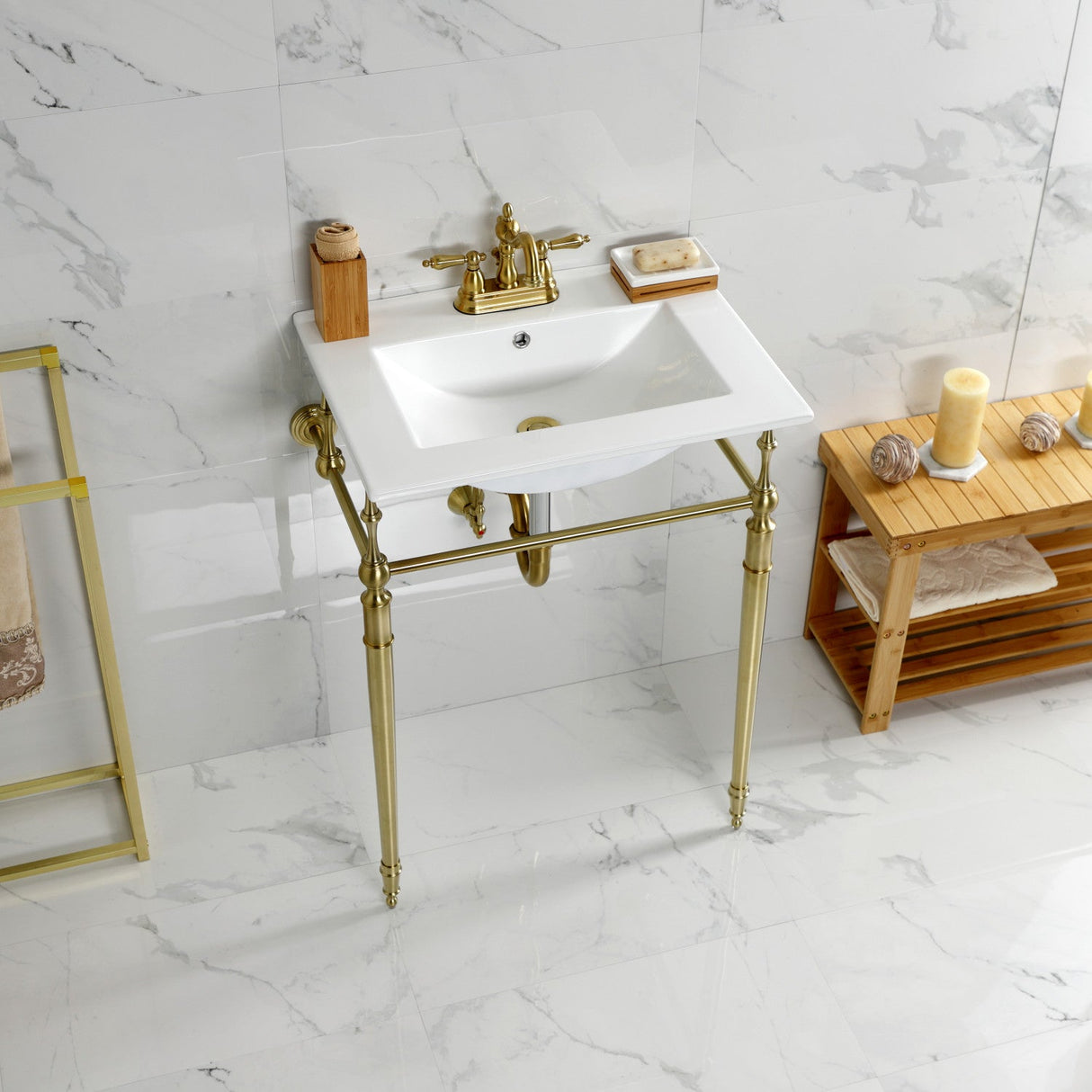 Edwardian KVPB24187W4BB 24-Inch Console Sink with Brass Legs (4-Inch, 3 Hole), White/Brushed Brass