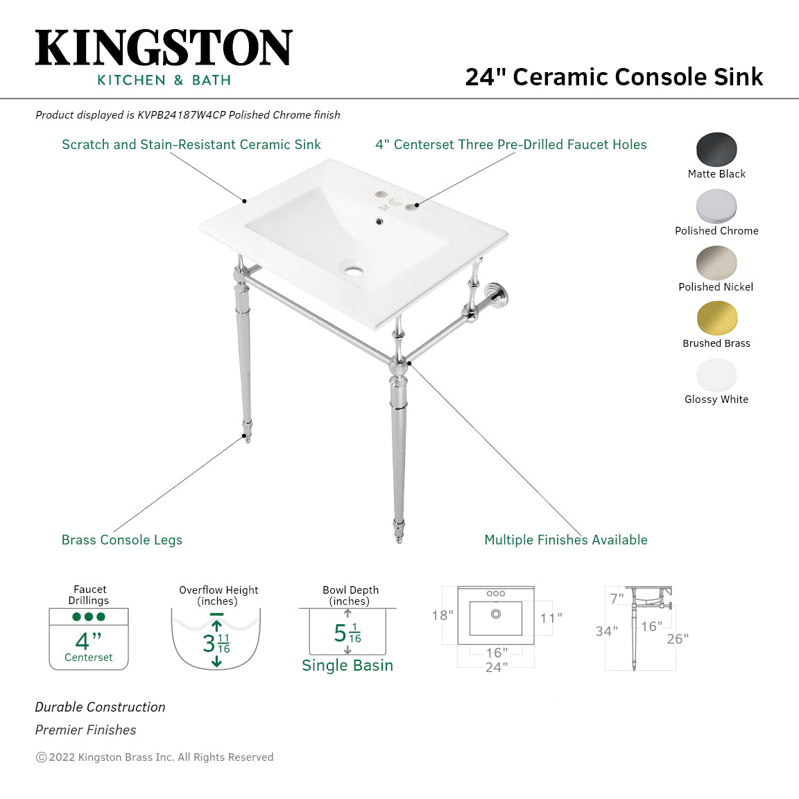 Edwardian KVPB24187W4PN 24-Inch Console Sink with Brass Legs (4-Inch, 3 Hole), White/Polished Nickel