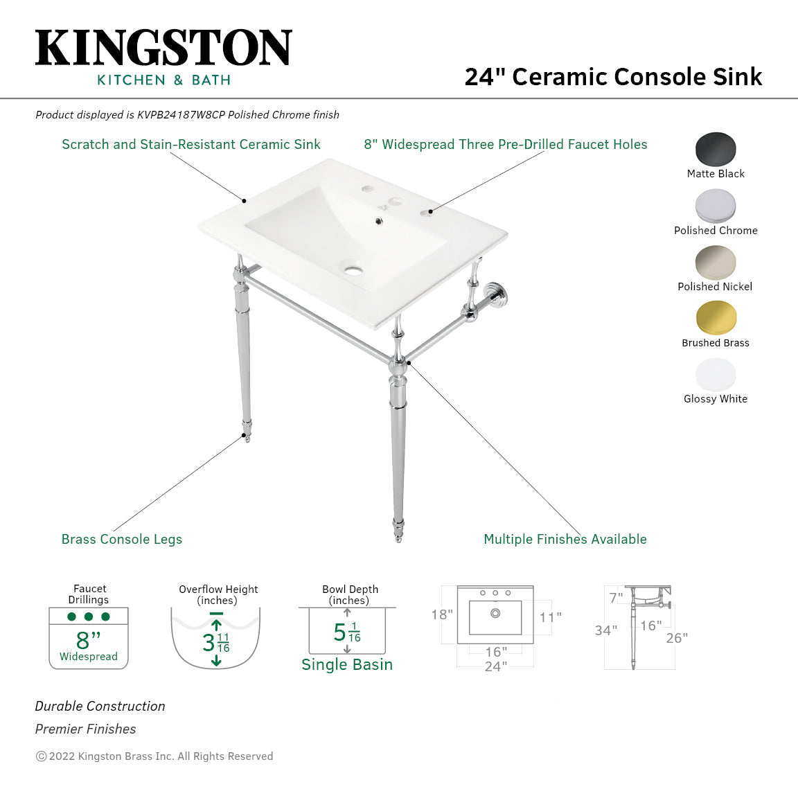 Edwardian KVPB24187W8BB 24-Inch Console Sink with Brass Legs (8-Inch, 3 Hole), White/Brushed Brass