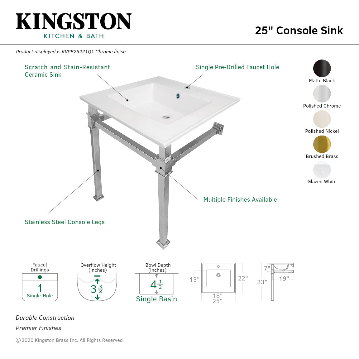 Fauceture KVPB25221Q7 25-Inch Ceramic Console Sink Set, White/Brushed Brass