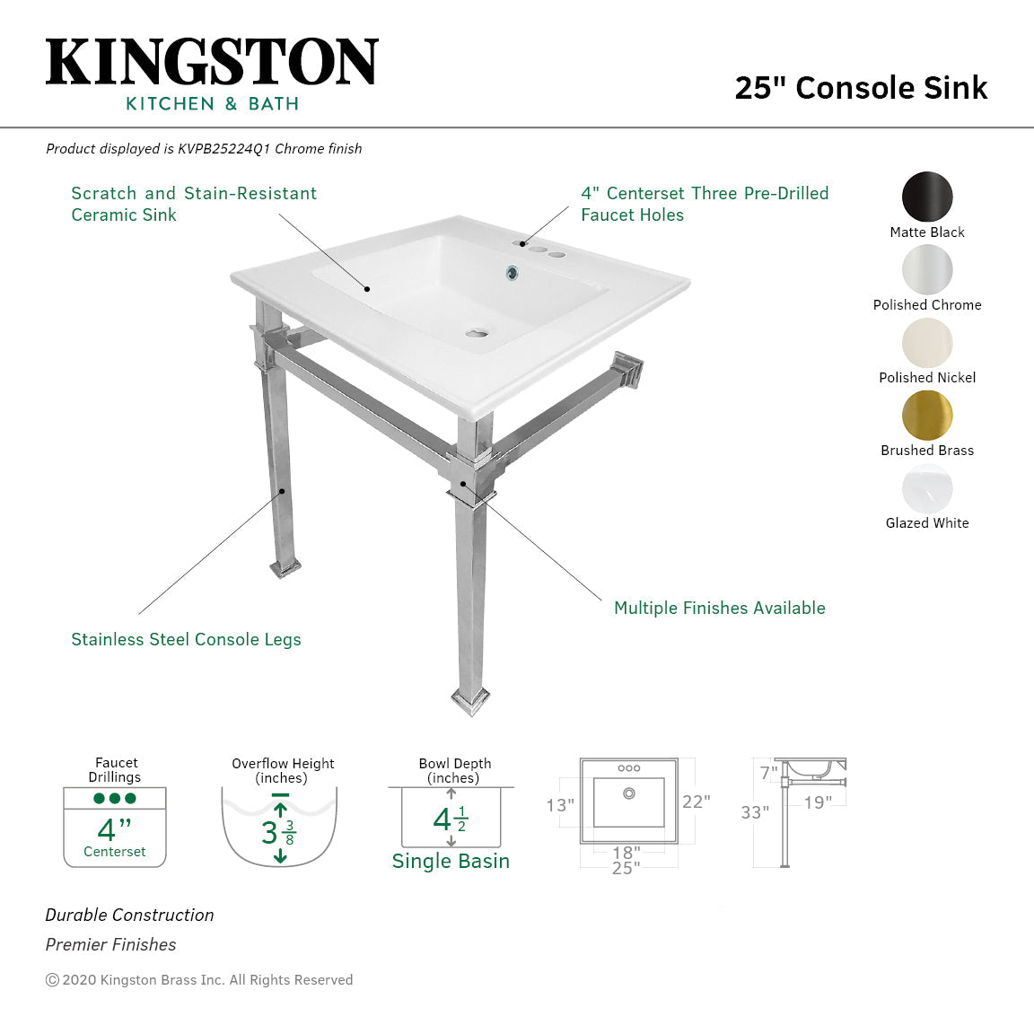 Fauceture KVPB25224Q0 25-Inch Ceramic Console Sink Set, White/Matte Black