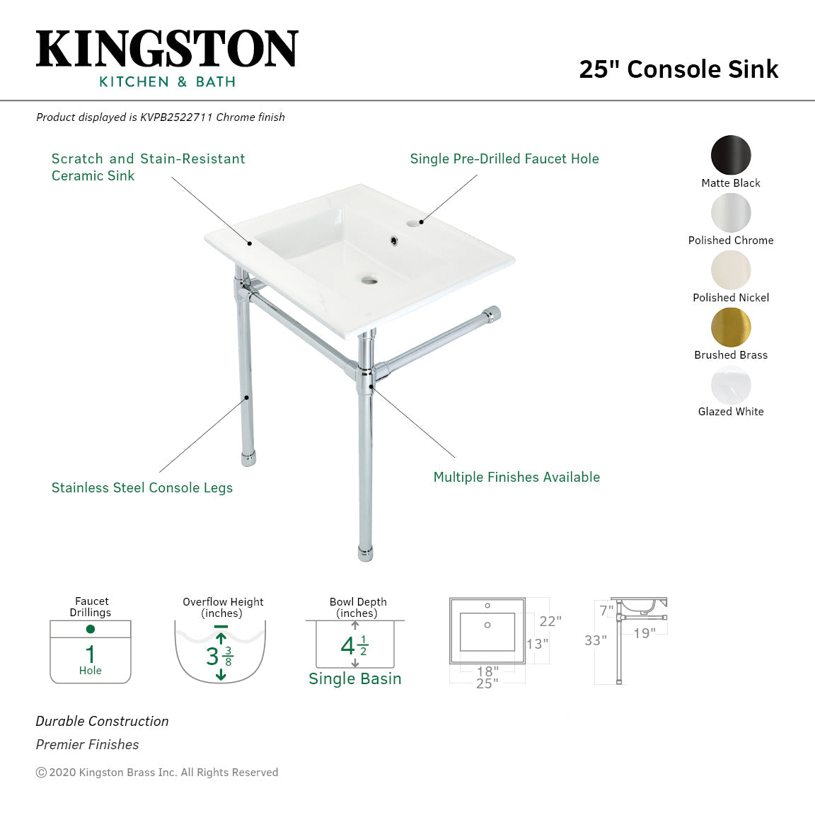 Dreyfuss KVPB2522710 Console Sink, White/Matte Black