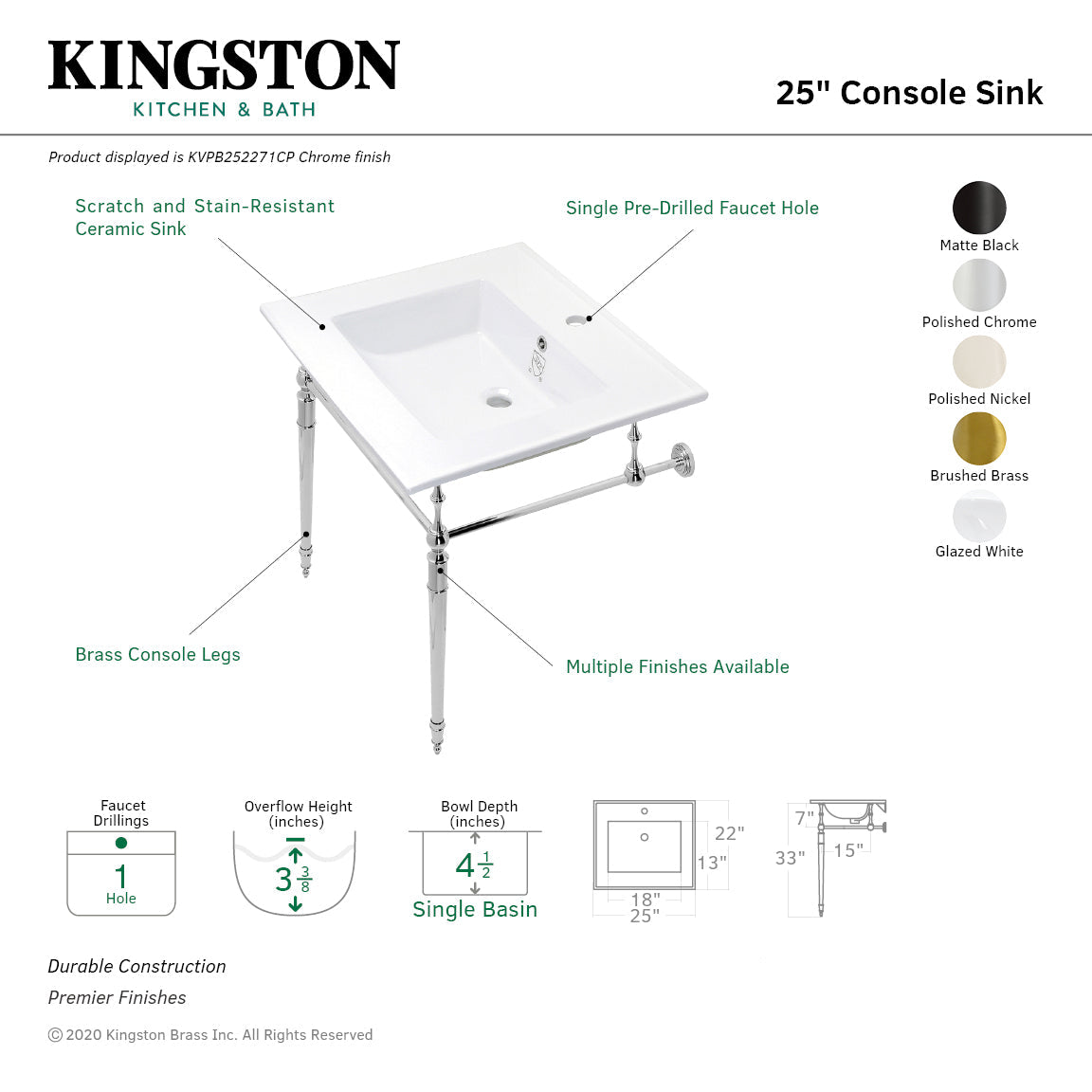 Edwardian KVPB252271BB Console Sink, White/Brushed Brass