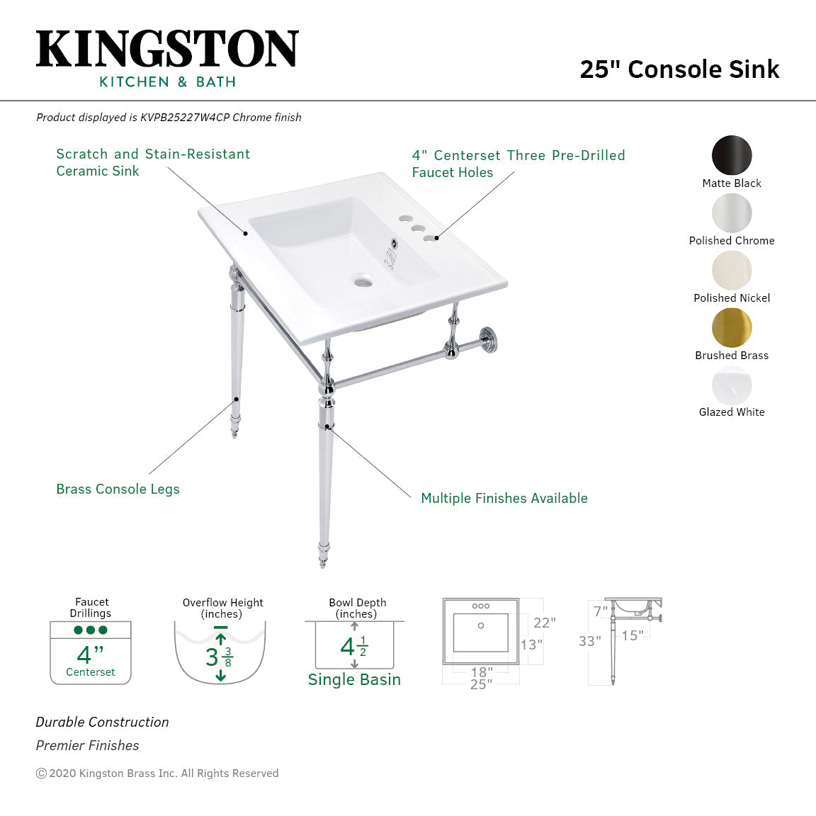 Edwardian KVPB25227W4MB Console Sink, White/Matte Black