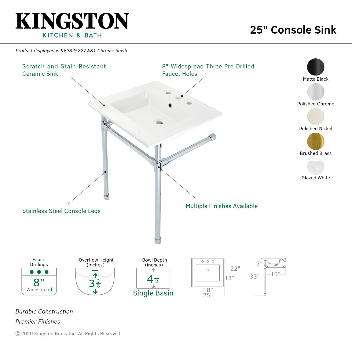 Dreyfuss KVPB25227W80 Console Sink, White/Matte Black