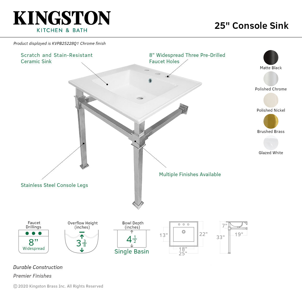 Fauceture KVPB25228Q0 25-Inch Ceramic Console Sink Set, White/Matte Black