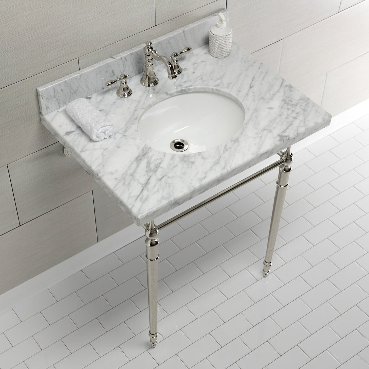 Edwardian KVPB3022M86 Console Sink, Marble White/Polished Nickel