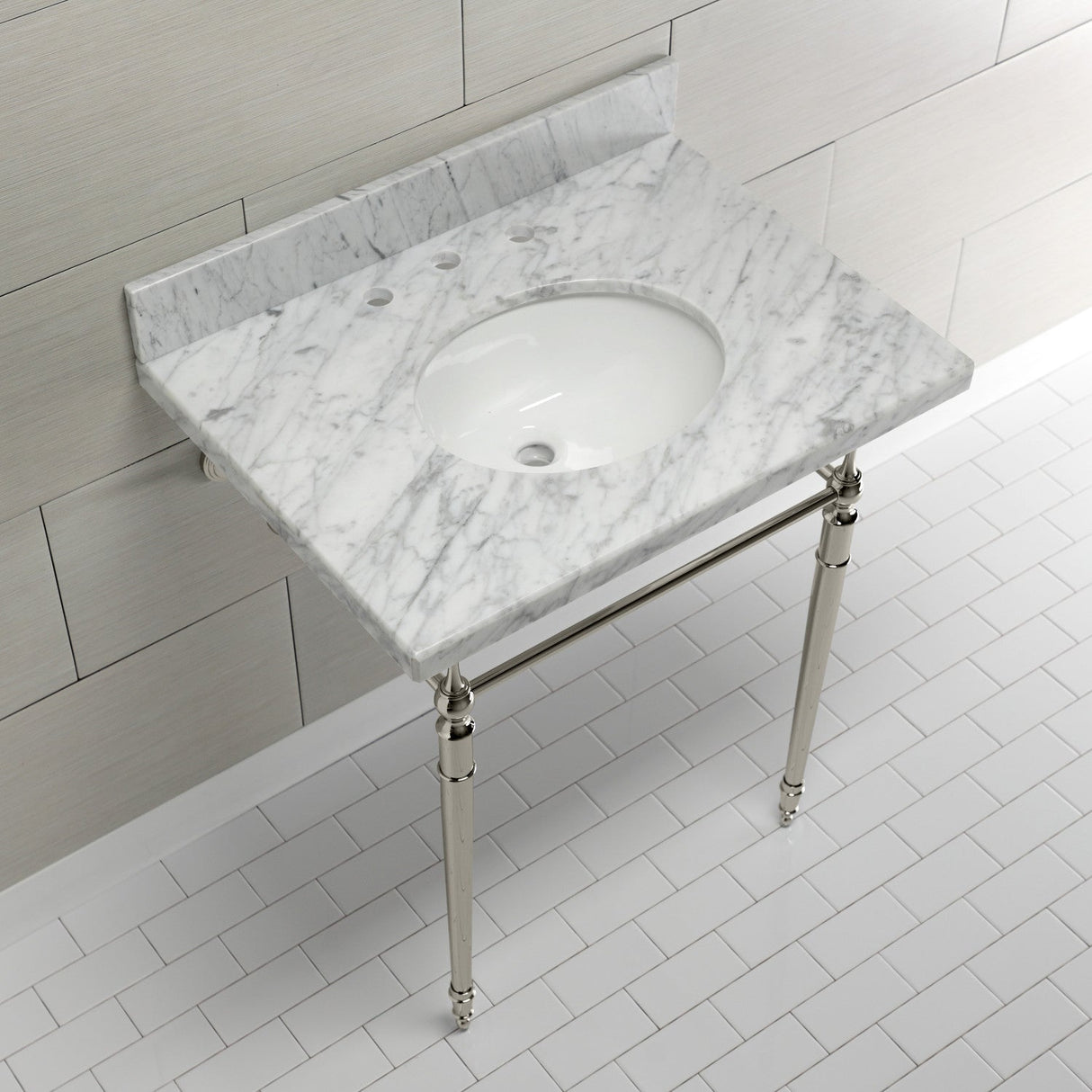 Edwardian KVPB3022M86 Console Sink, Marble White/Polished Nickel