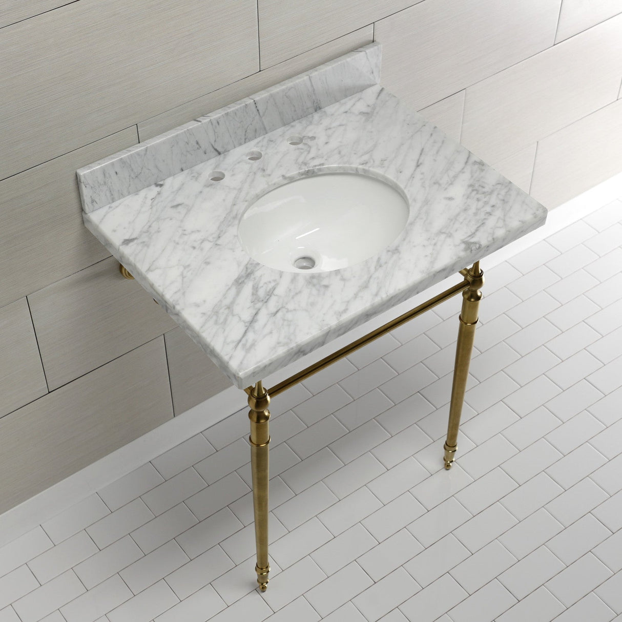 Edwardian KVPB3022M87 Console Sink, Marble White/Brushed Brass