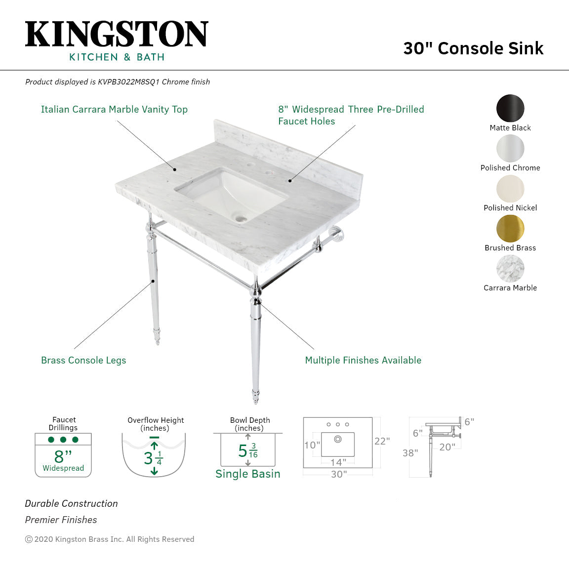 Edwardian KVPB3022M8SQ1 Console Sink, Marble White/Polished Chrome