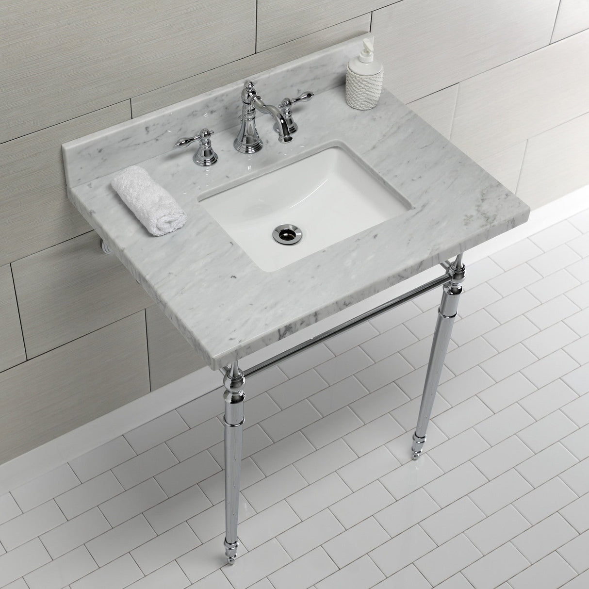 Edwardian KVPB3022M8SQ1 Console Sink, Marble White/Polished Chrome