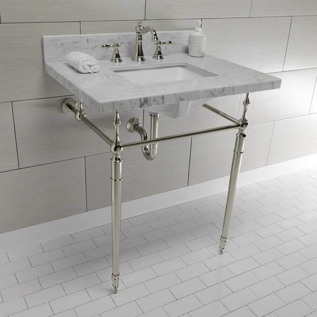 Edwardian KVPB3022M8SQ6 Console Sink, Marble White/Polished Nickel