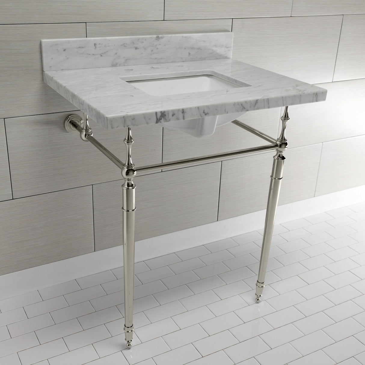 Edwardian KVPB3022M8SQ6 Console Sink, Marble White/Polished Nickel