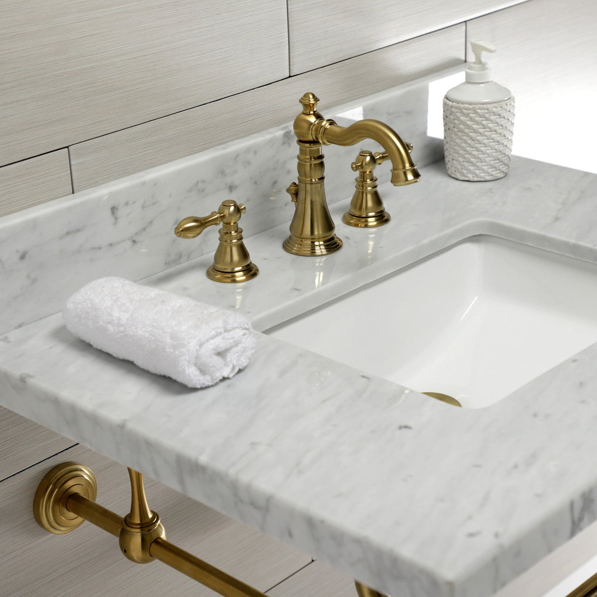 Edwardian KVPB3022M8SQ7 Console Sink, Marble White/Brushed Brass