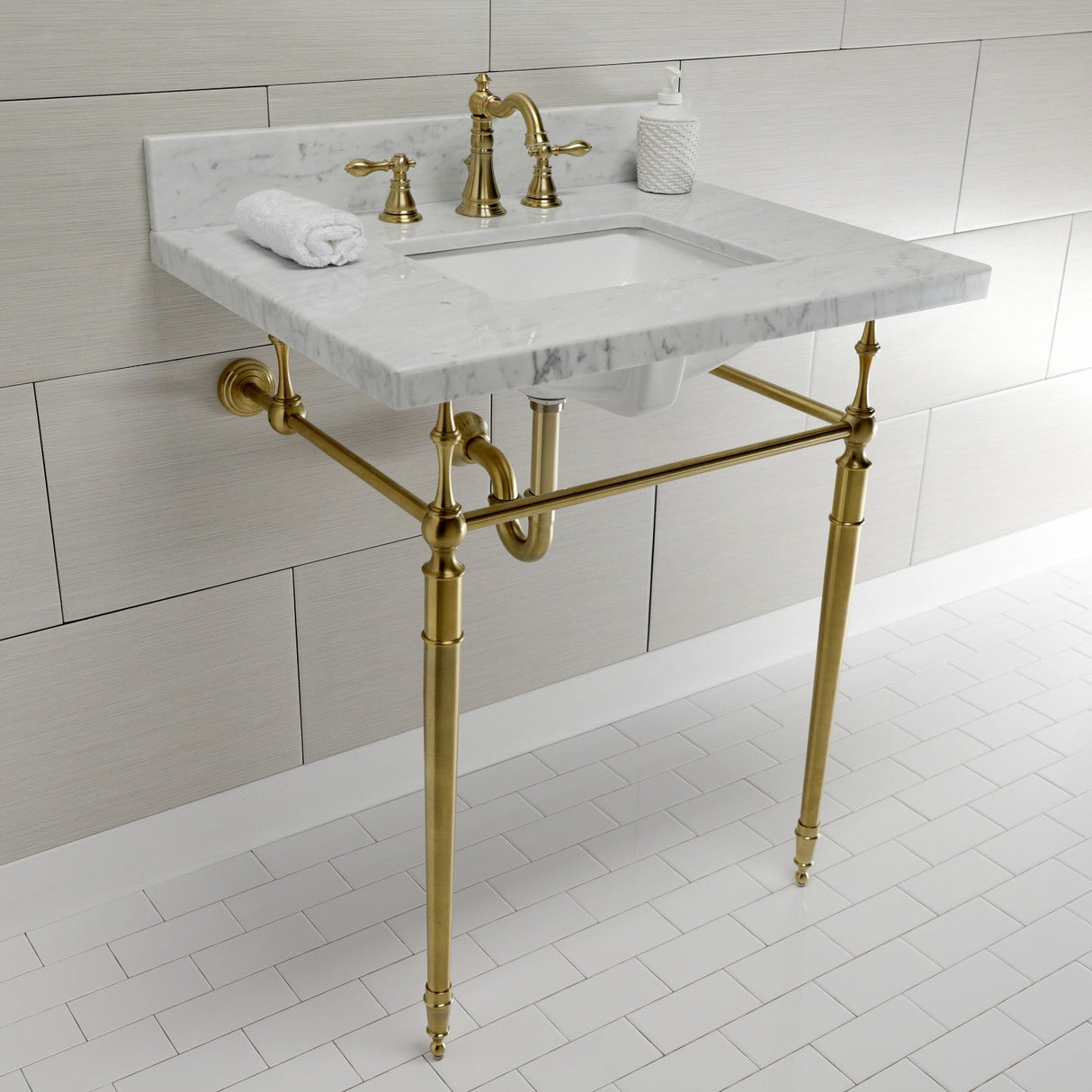 Edwardian KVPB3022M8SQ7 Console Sink, Marble White/Brushed Brass